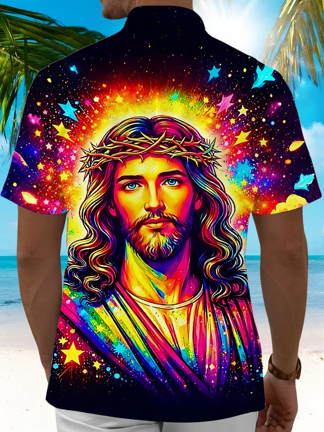 Psychedelic Colorful Tie Dye Jesus Starry Sky Religious Men's Pocket Short Sleeve Shirts
