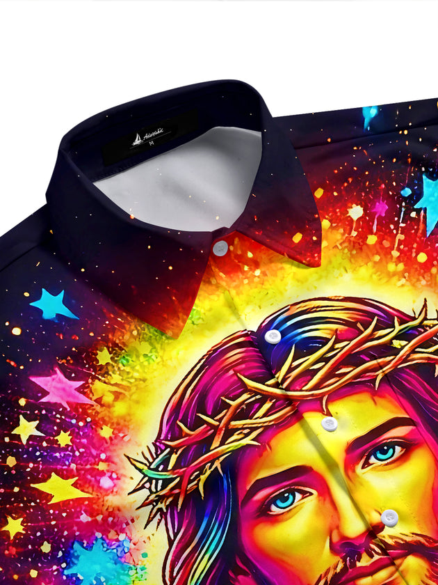Psychedelic Colorful Tie Dye Jesus Starry Sky Religious Men's Pocket Short Sleeve Shirts