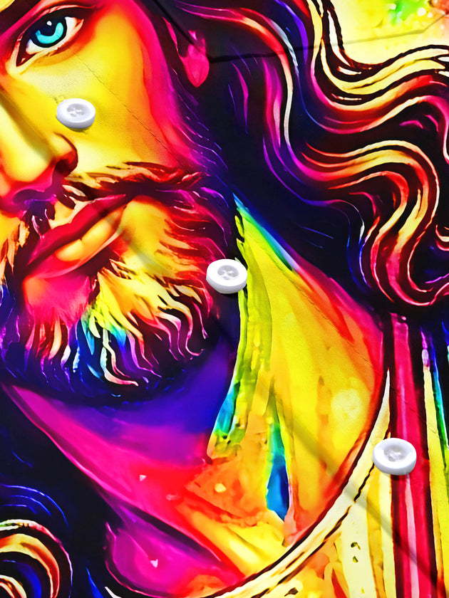 Psychedelic Colorful Tie Dye Jesus Starry Sky Religious Men's Pocket Short Sleeve Shirts