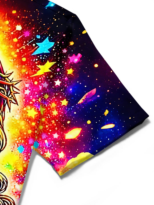 Psychedelic Colorful Tie Dye Jesus Starry Sky Religious Men's Pocket Short Sleeve Shirts