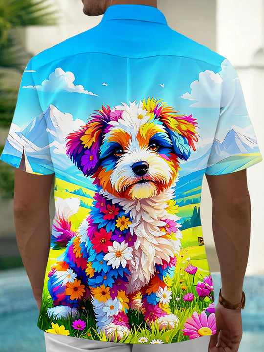 Colorful Floral Puppy In Nature Men's Pocket Short Sleeve Shirts