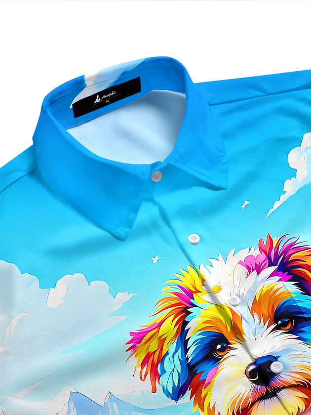 Colorful Floral Puppy In Nature Men's Pocket Short Sleeve Shirts