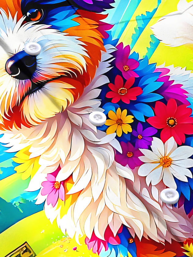 Colorful Floral Puppy In Nature Men's Pocket Short Sleeve Shirts