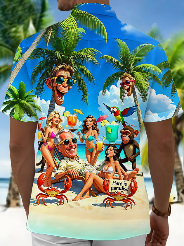 Hawaiian Fun Tropical Beach Party Cartoon Monkey Men's Pocket Short Sleeve Shirts