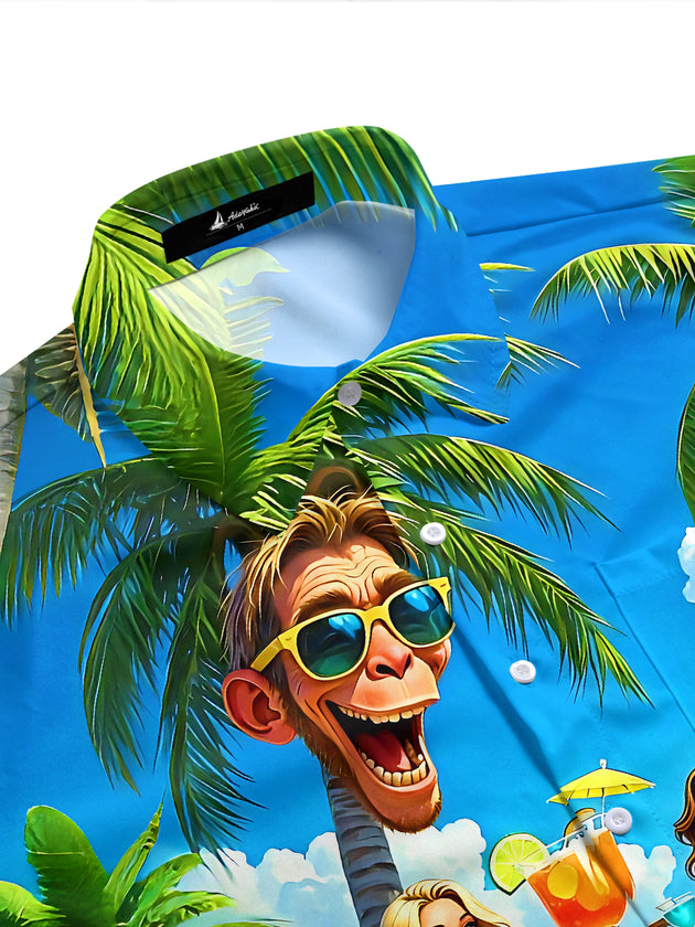 Hawaiian Fun Tropical Beach Party Cartoon Monkey Men's Pocket Short Sleeve Shirts