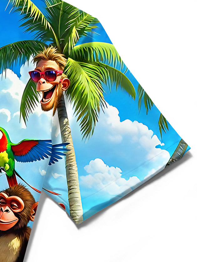 Hawaiian Fun Tropical Beach Party Cartoon Monkey Men's Pocket Short Sleeve Shirts