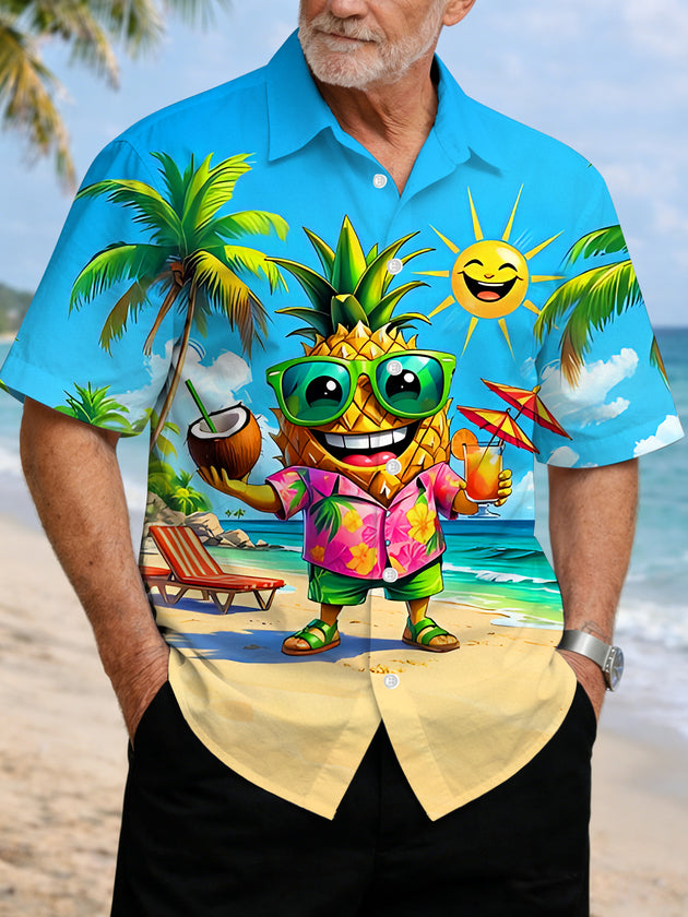 Fun Hawaiian Pineapple Coconut Sun Men's Pocket Short Sleeve Shirts