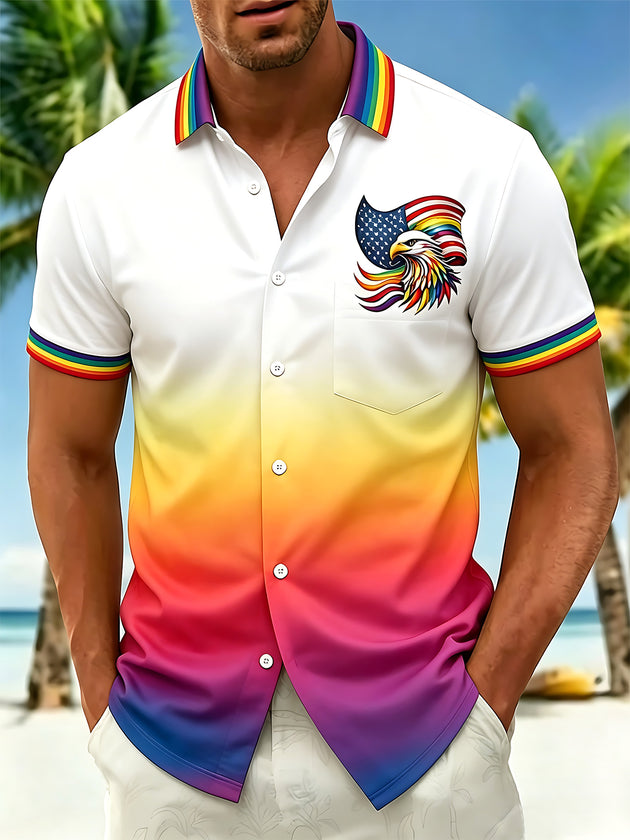 Pride Month Colorful Gradient American Eagle Men's Pocket Short Sleeve Shirts