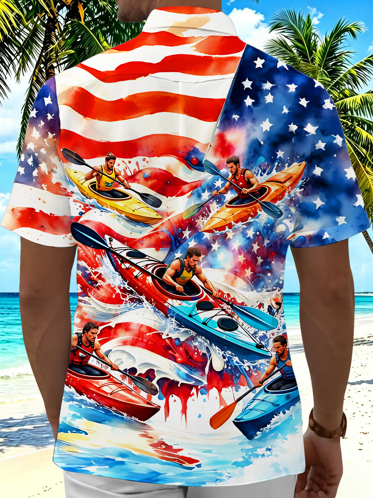 American Flag Kayak Sports Competition Independence Day Men's Pocket Short Sleeve Shirts