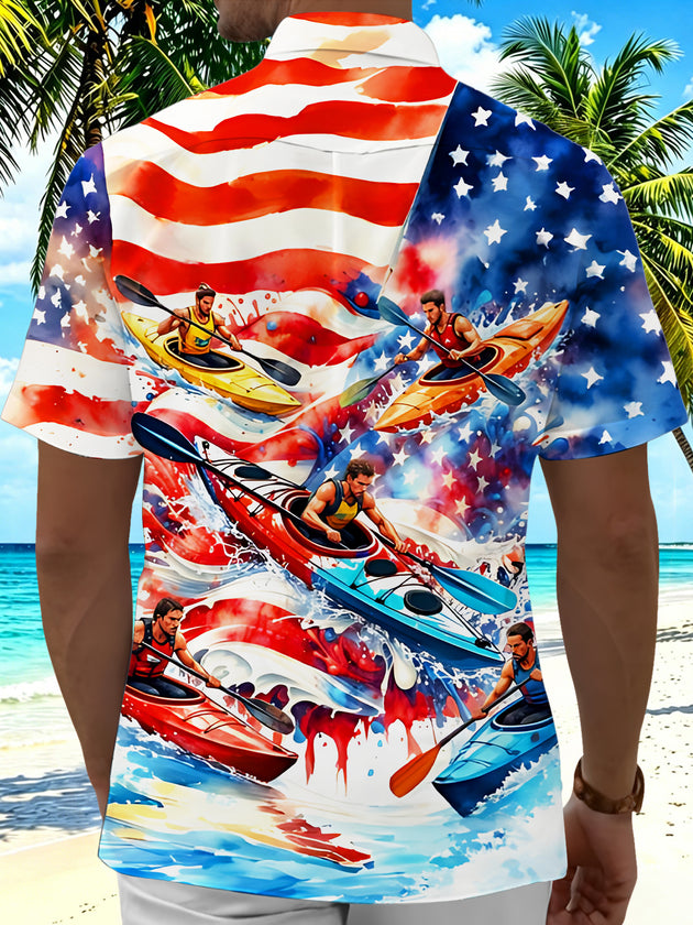 American Flag Kayak Sports Competition Independence Day Men's Pocket Short Sleeve Shirts