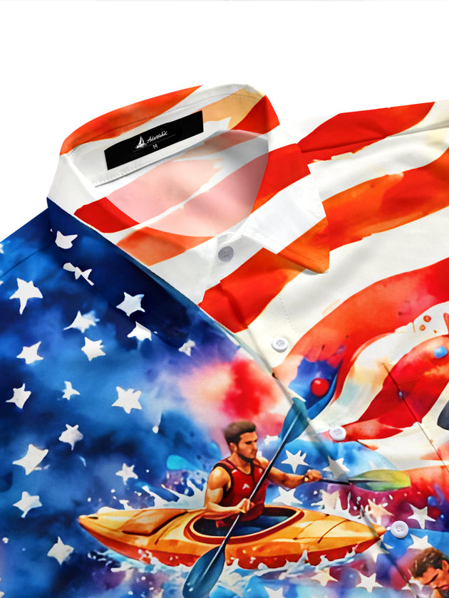 American Flag Kayak Sports Competition Independence Day Men's Pocket Short Sleeve Shirts