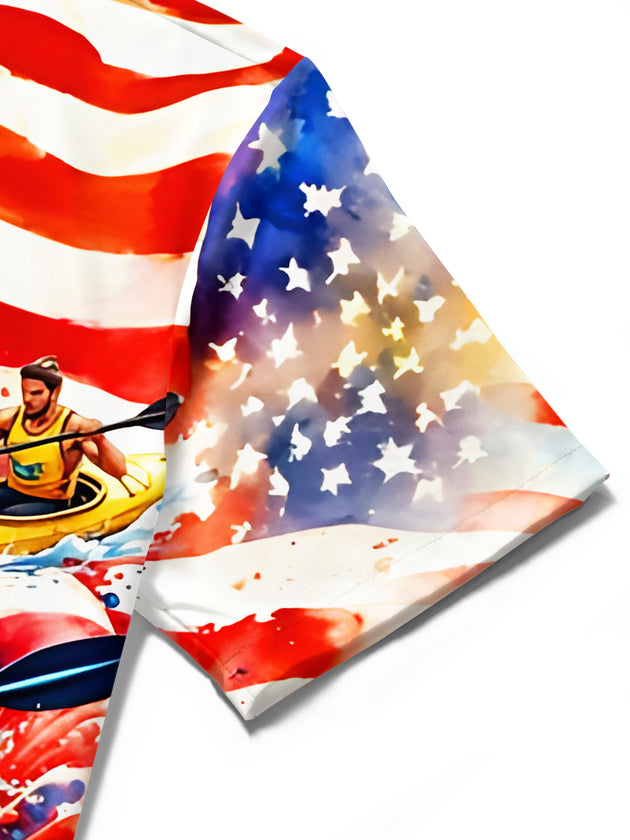 American Flag Kayak Sports Competition Independence Day Men's Pocket Short Sleeve Shirts