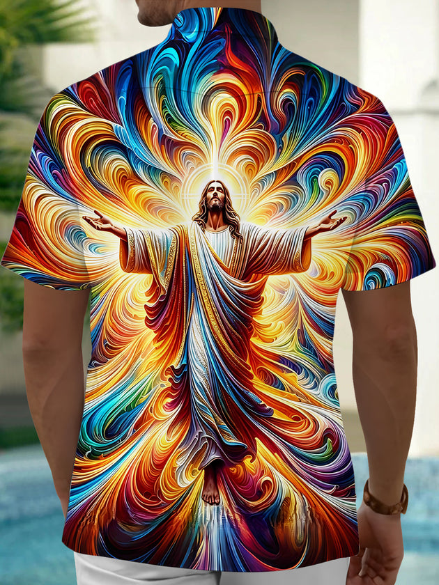 Colorful Swirl Jesus Art Men's Pocket Short Sleeve Shirts