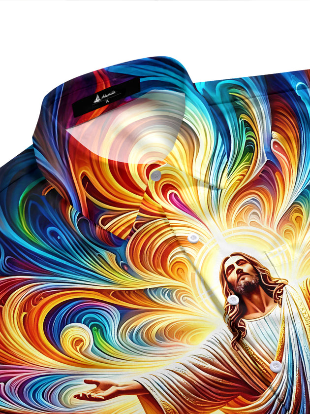 Colorful Swirl Jesus Art Men's Pocket Short Sleeve Shirts