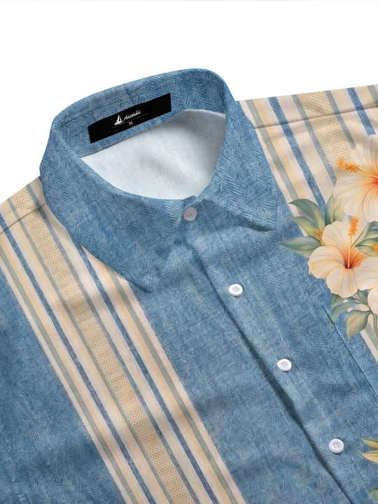 Hawaiian Striped Hibiscus Flower Men's Pocket Short Sleeve Shirts