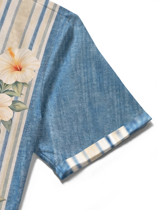 Hawaiian Striped Hibiscus Flower Men's Pocket Short Sleeve Shirts