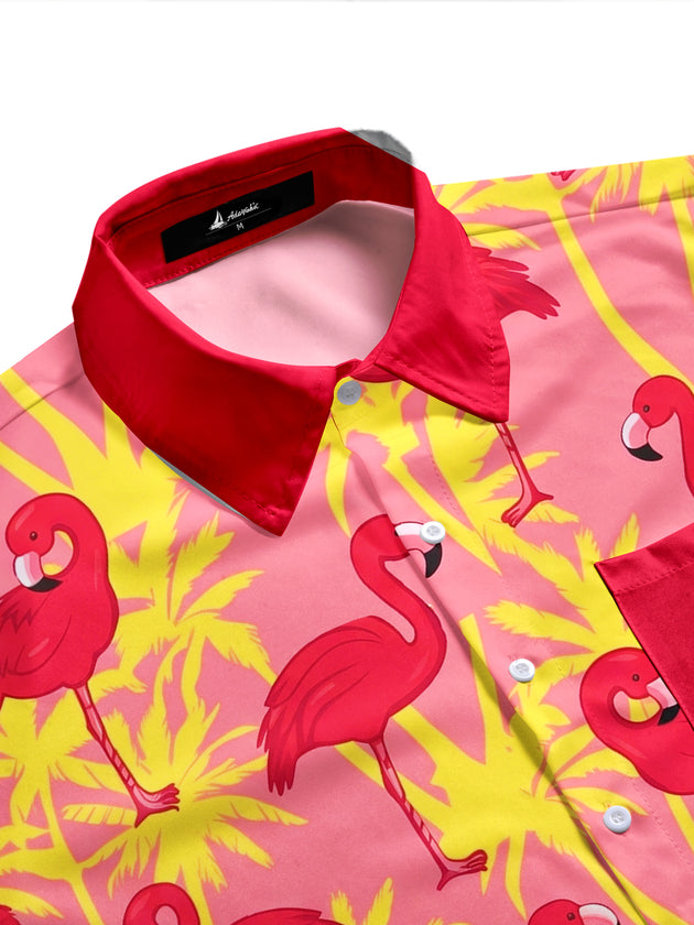 Hawaiian Flamingo Palm Tree Men's Pocket Short Sleeve Shirts