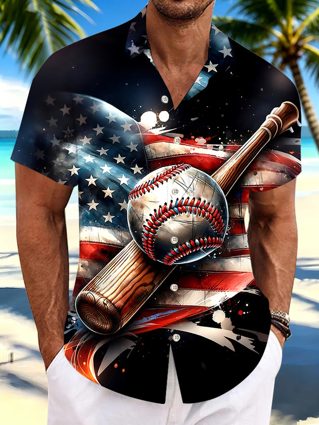 Independence American Flag Baseball Men's Pocket Short Sleeve Shirts