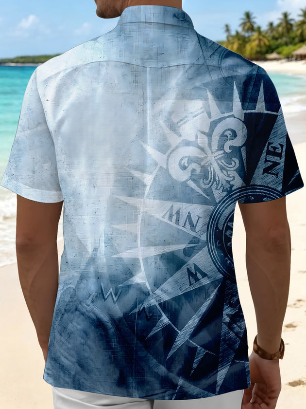 Nautical Anchor Compass Gradient Men's Pocket Short Sleeve Shirts