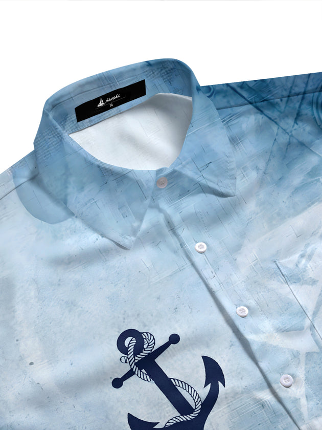 Nautical Anchor Compass Gradient Men's Pocket Short Sleeve Shirts