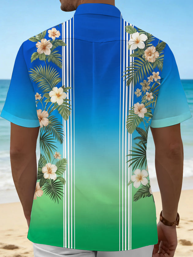 Hawaiian Tropical Flower Gradient Stripe Men's Pocket Short Sleeve Shirts