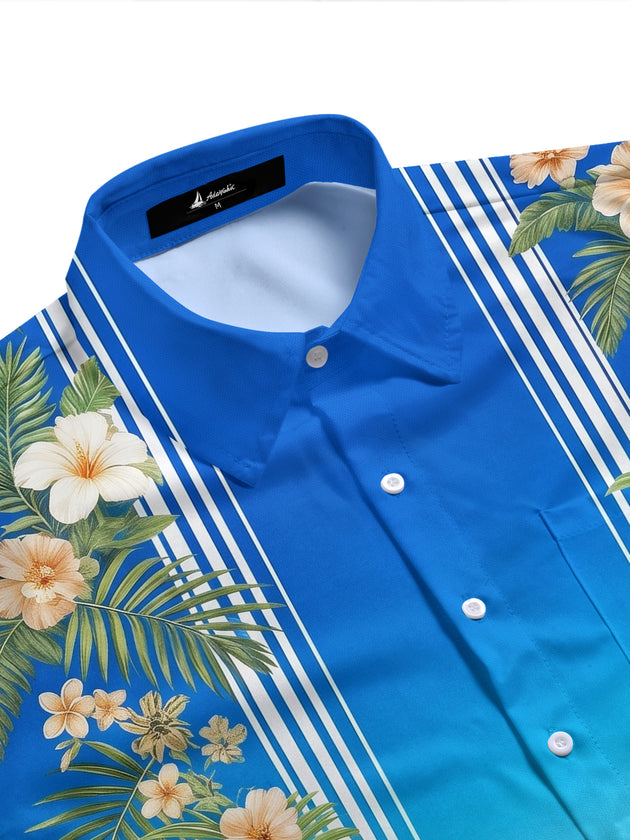 Hawaiian Tropical Flower Gradient Stripe Men's Pocket Short Sleeve Shirts