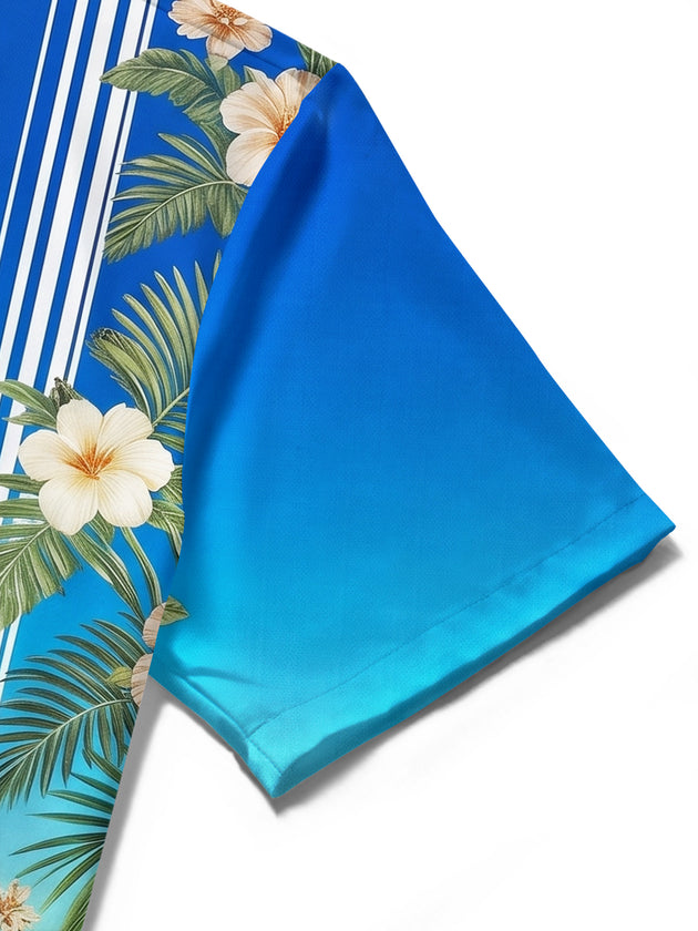 Hawaiian Tropical Flower Gradient Stripe Men's Pocket Short Sleeve Shirts