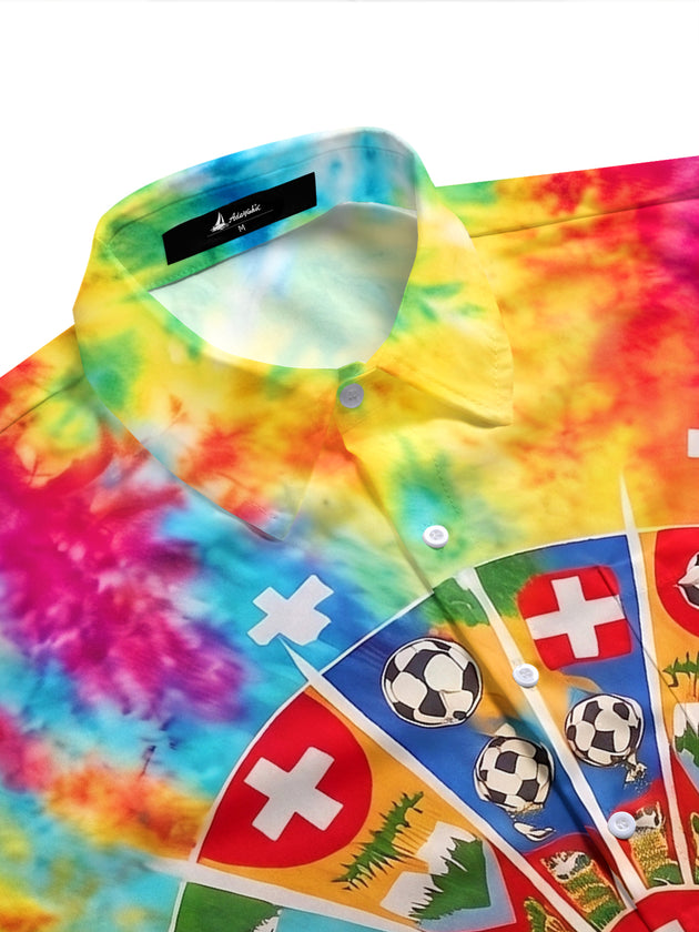 Colorful Tie-Dye Swiss Cross Soccer Sports Men's Pocket Short Sleeve Shirts