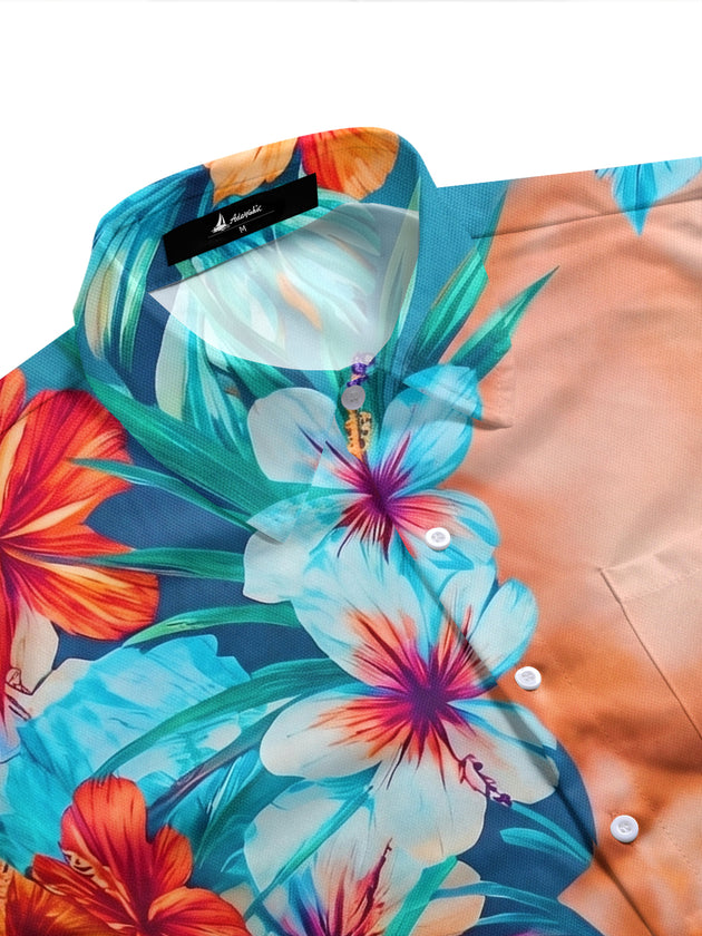 Fun Hawaiian Tropical Flower Muscle Illusion Men's Pocket Short Sleeve Shirts