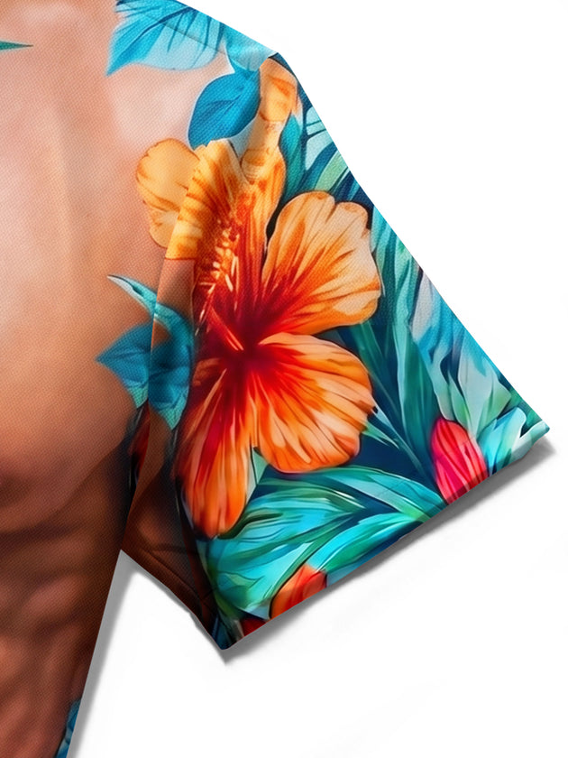 Fun Hawaiian Tropical Flower Muscle Illusion Men's Pocket Short Sleeve Shirts