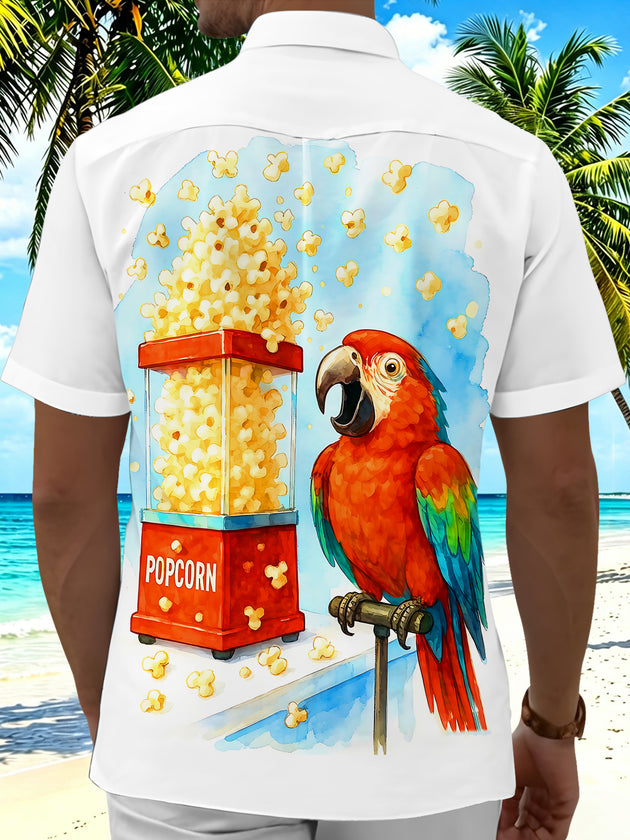 Fun Hawaiian Watercolor Popcorn Machine Parrot Men's Pocket Short Sleeve Shirts