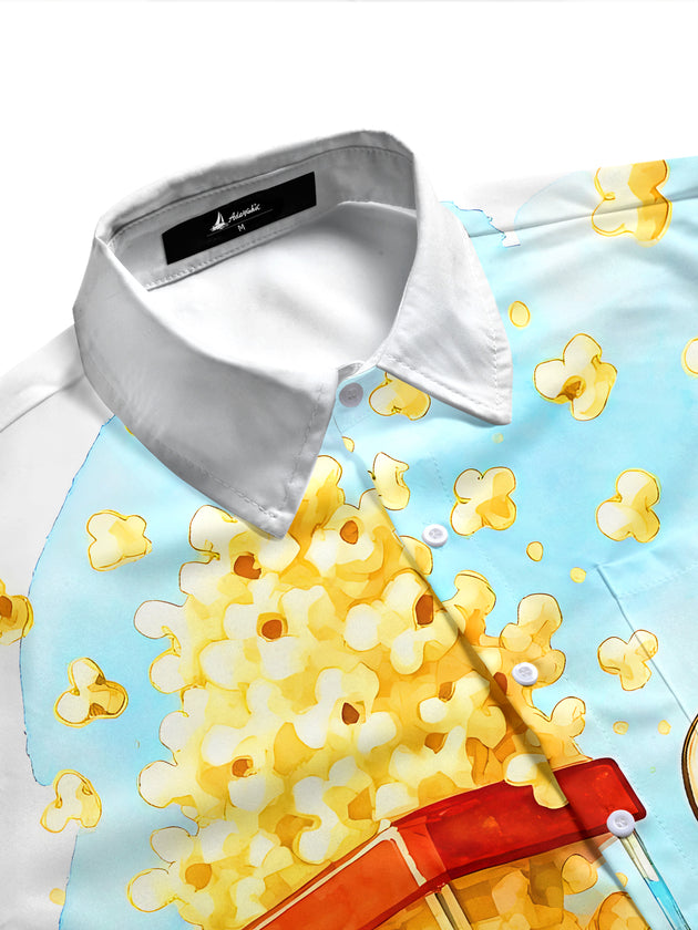 Fun Hawaiian Watercolor Popcorn Machine Parrot Men's Pocket Short Sleeve Shirts