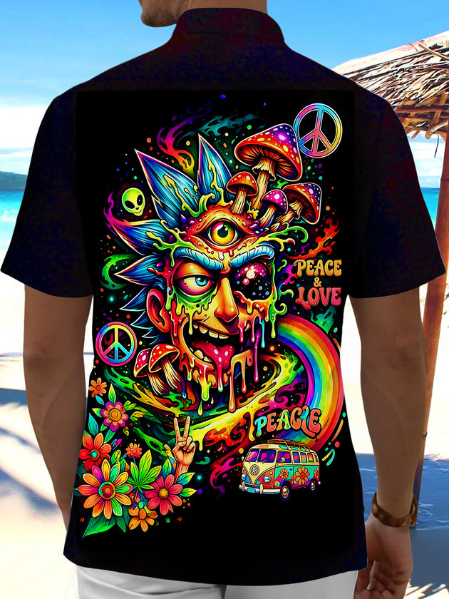 Dark Psychedelic Colorful Abstract Hippie Mushroom Peace And Love Men's Pocket Short Sleeve Shirts