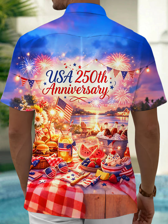 USA 250Th Anniversary Picnic Fireworks Independence Day Men's Pocket Short Sleeve Shirts