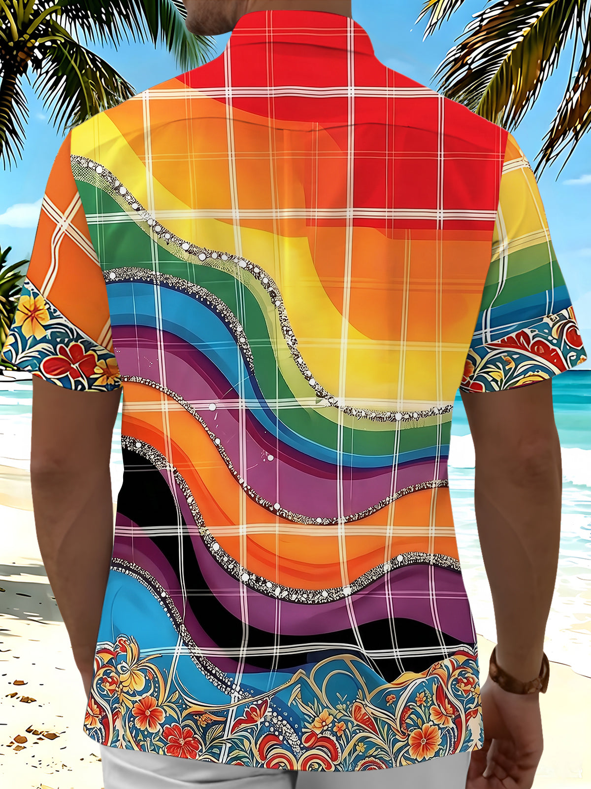 Pride Month Colorful Plaid Rhinestone Floral Hawaiian Men's Pocket Short Sleeve Shirts