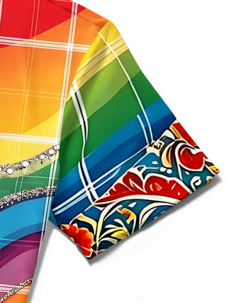 Pride Month Colorful Plaid Rhinestone Floral Hawaiian Men's Pocket Short Sleeve Shirts