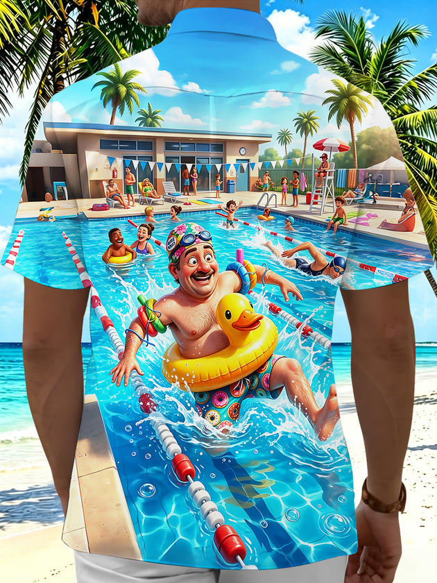 Pool Party Fun Swimming Cartoon Hawaiian Men's Pocket Short Sleeve Shirts