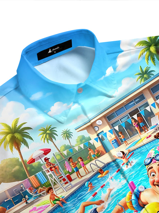 Pool Party Fun Swimming Cartoon Hawaiian Men's Pocket Short Sleeve Shirts