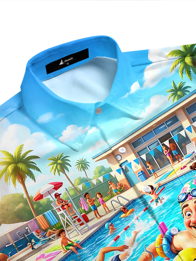 Pool Party Fun Swimming Cartoon Hawaiian Men's Pocket Short Sleeve Shirts