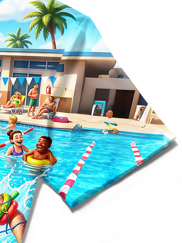 Pool Party Fun Swimming Cartoon Hawaiian Men's Pocket Short Sleeve Shirts