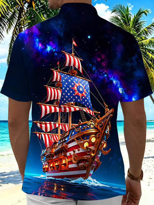 Independence Day Starry Sky American Pirate Ship Hawaiian Men's Pocket Short Sleeve Shirts