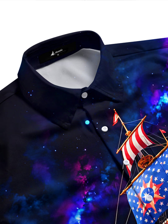 Independence Day Starry Sky American Pirate Ship Hawaiian Men's Pocket Short Sleeve Shirts