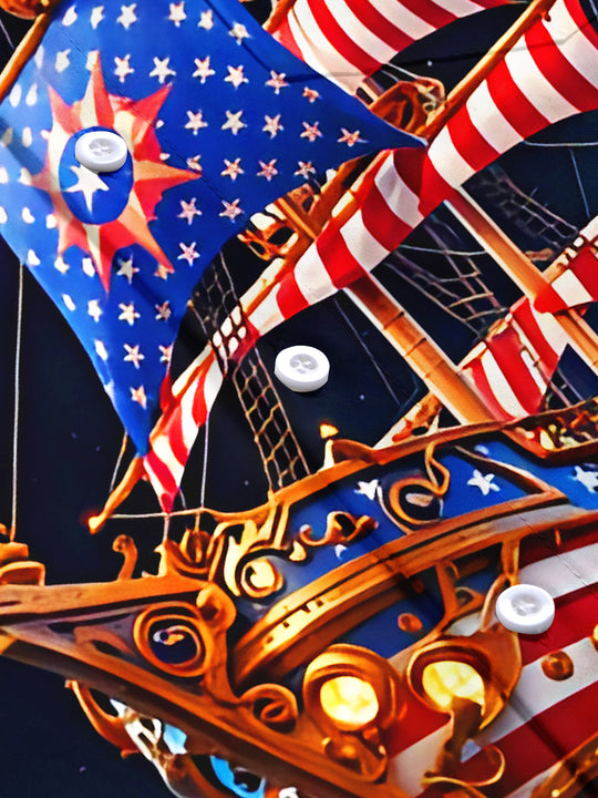 Independence Day Starry Sky American Pirate Ship Hawaiian Men's Pocket Short Sleeve Shirts
