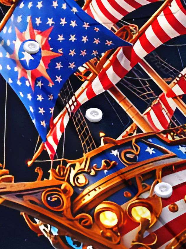 Independence Day Starry Sky American Pirate Ship Hawaiian Men's Pocket Short Sleeve Shirts