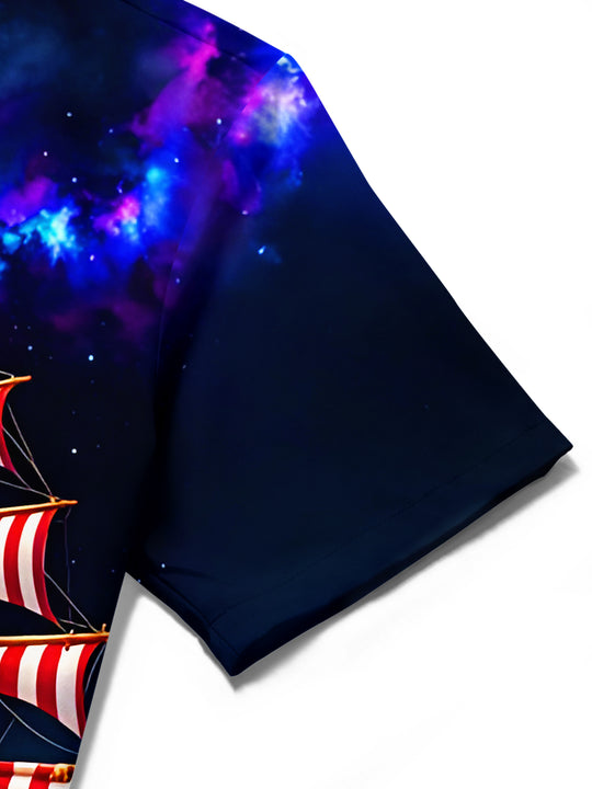 Independence Day Starry Sky American Pirate Ship Hawaiian Men's Pocket Short Sleeve Shirts