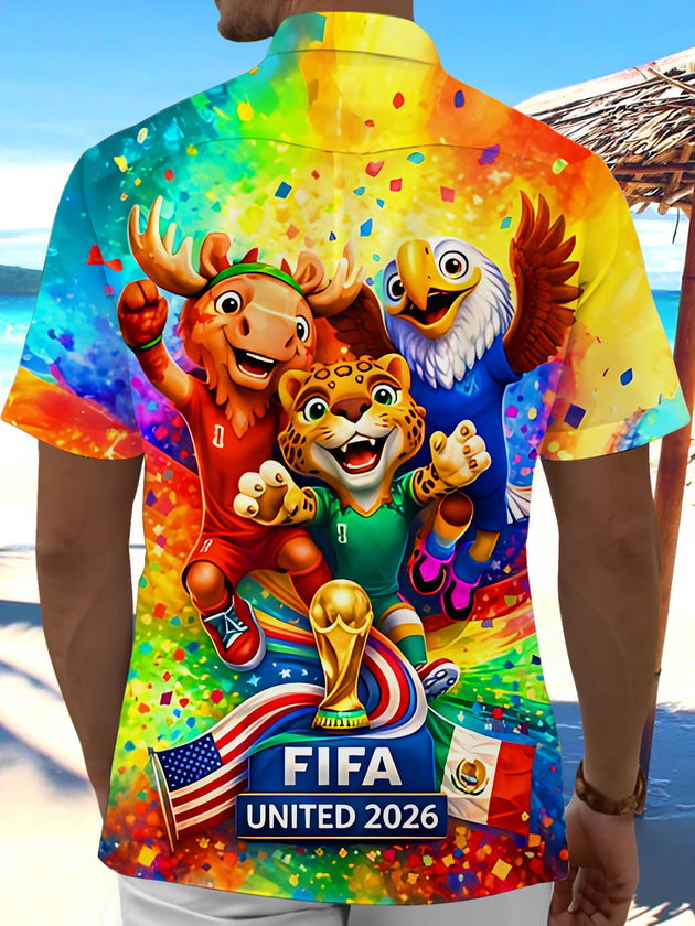 Colorful Tie Dye 2026 World Cup Mascot Football Sports Hawaiian Men's Pocket Short Sleeve Shirts