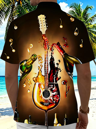 Vintage Wine Guitar Music Party Men's Pocket Short Sleeve Shirts