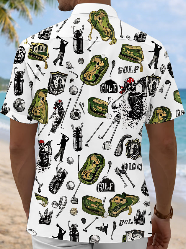 Golf Skull Retro Print Hawaiian Sports Men's Pocket Short Sleeve Shirts