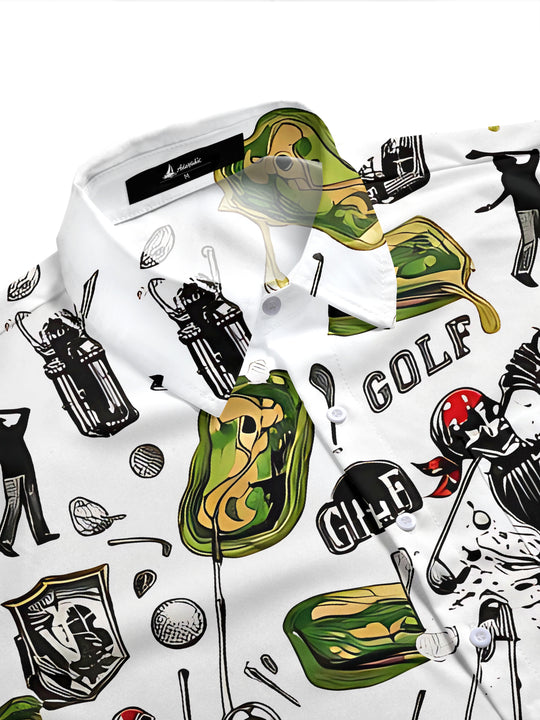 Golf Skull Retro Print Hawaiian Sports Men's Pocket Short Sleeve Shirts