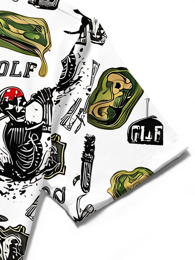 Golf Skull Retro Print Hawaiian Sports Men's Pocket Short Sleeve Shirts